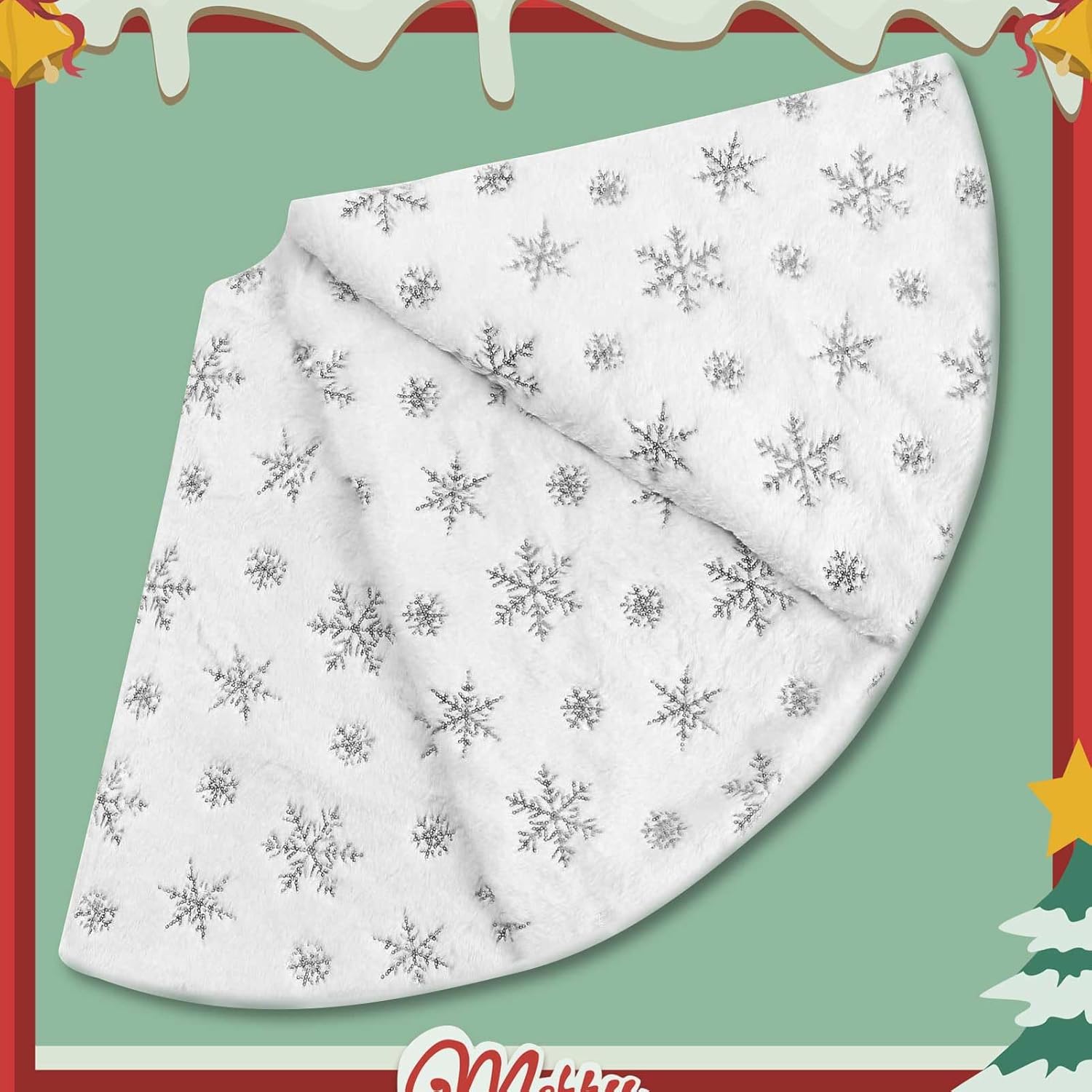 Christmas Tree Skirt, 48 Inch White Luxury Faux Fur & Silver Sequin Snowflakes, 4ft Xmas Tree Skirt