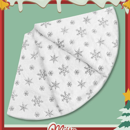 Christmas Tree Skirt, 48 Inch White Luxury Faux Fur & Silver Sequin Snowflakes, 4ft Xmas Tree Skirt
