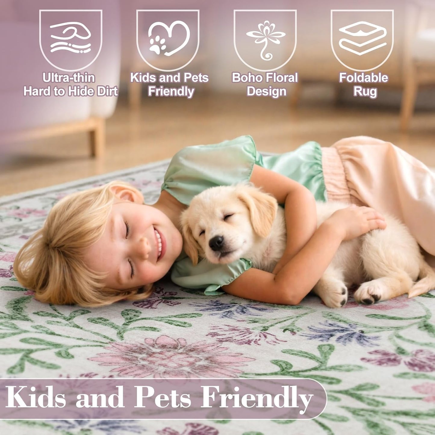 Wonnitar Purple Floral 8x10 Area Rugs, Washable Rug for Living Room, Soft Ultra-Thin Non-Shedding