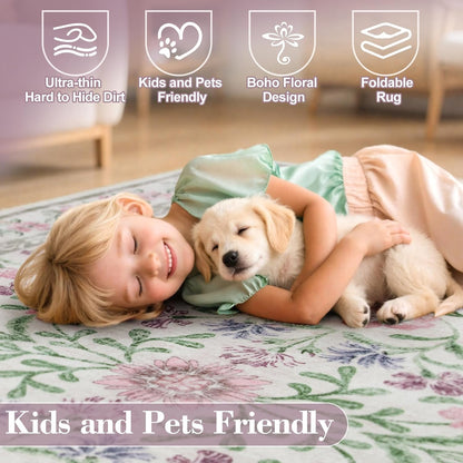 Wonnitar Purple Floral 8x10 Area Rugs, Washable Rug for Living Room, Soft Ultra-Thin Non-Shedding
