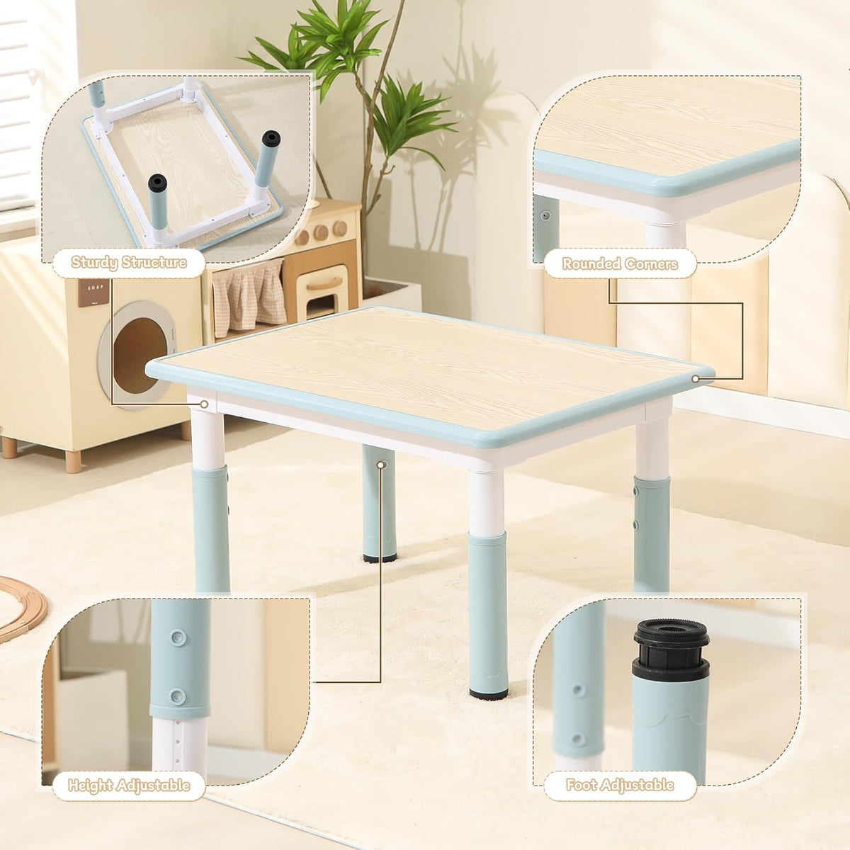 Height-Adjustable Kids Table and Chairs, 31.5''L x 23.6''W Toddler Table and 4 Chairs Set with