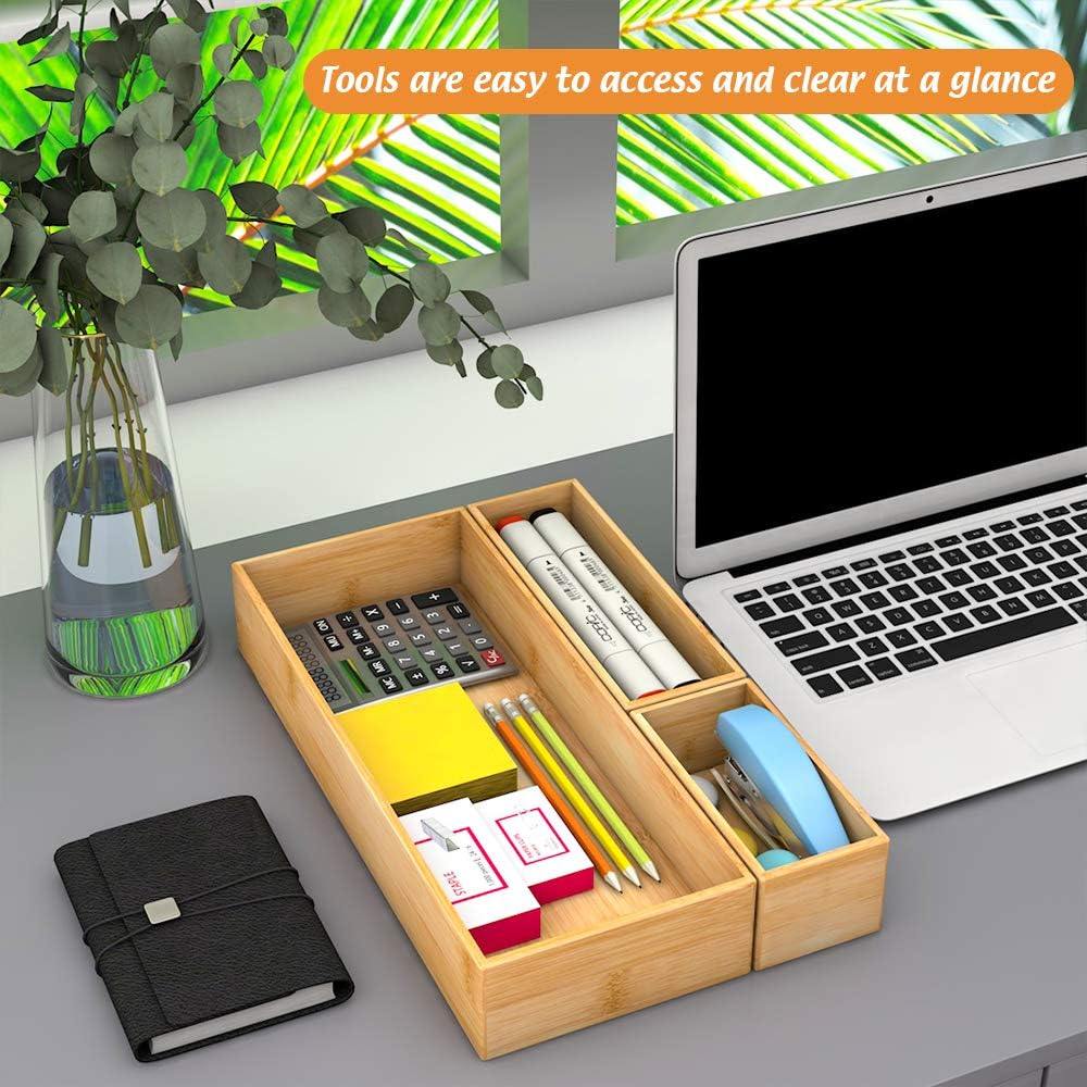 Bamboo Kitchen Drawer Organizer, Wooden Storage Box for Utensil Organizer Silverware Tray Cutlery