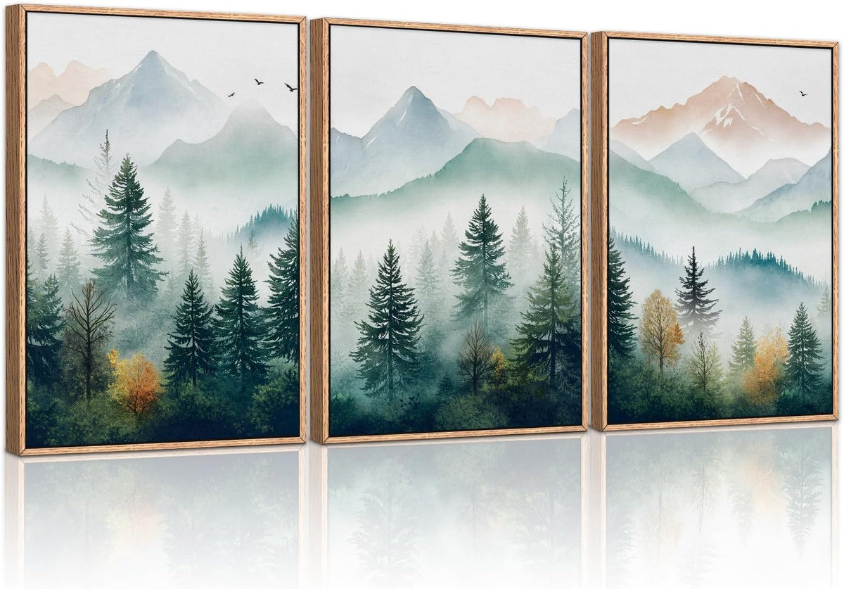 HLNIUC Misty Mountain Forest Framed Wall Art Set,Green Fog Pine Tree Wall Decor,White Foggy Forest