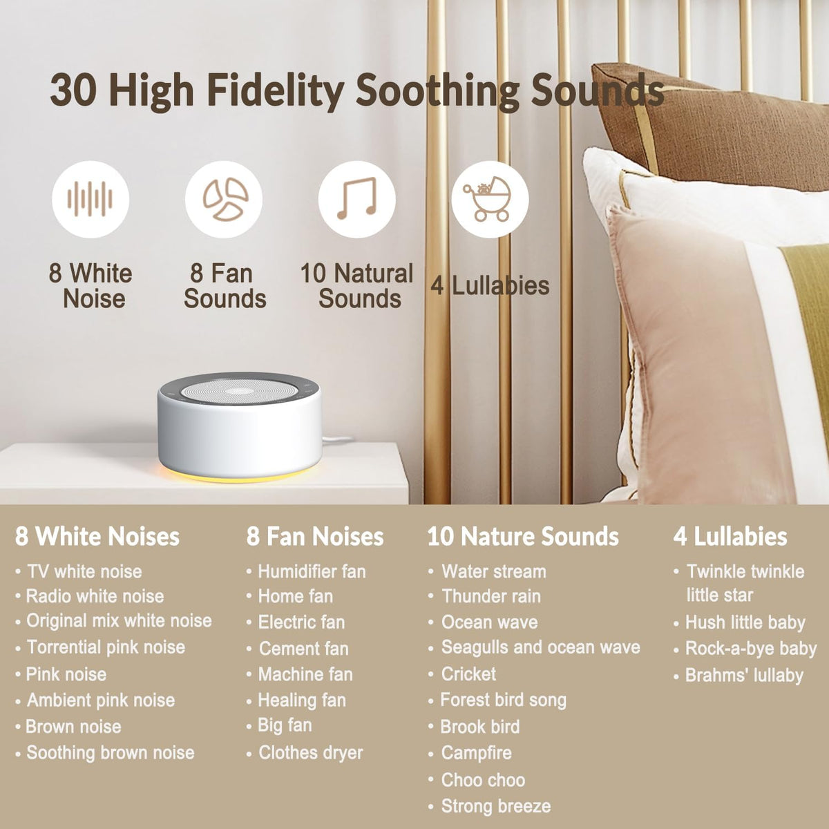 Kipcush White Noise Sound Machine with Nursery Lamp, Mood Lighting, 7 Colour Night Light, 30