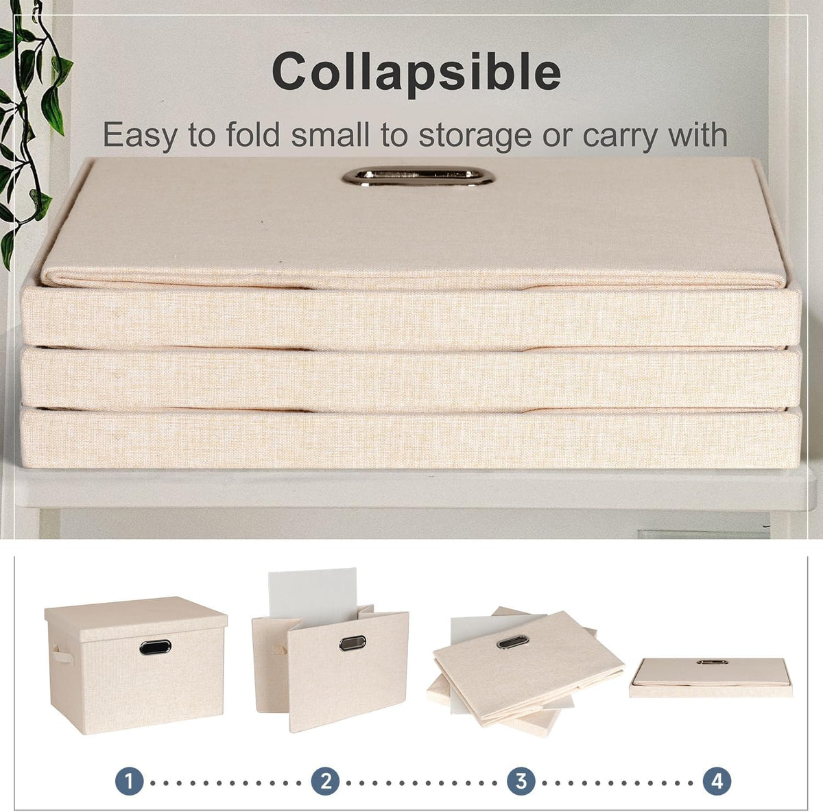 Large 17" 36 Quart Collapsible Stackable Storage Bins with Lids, 3 Packs Light Orange Linen Fabric
