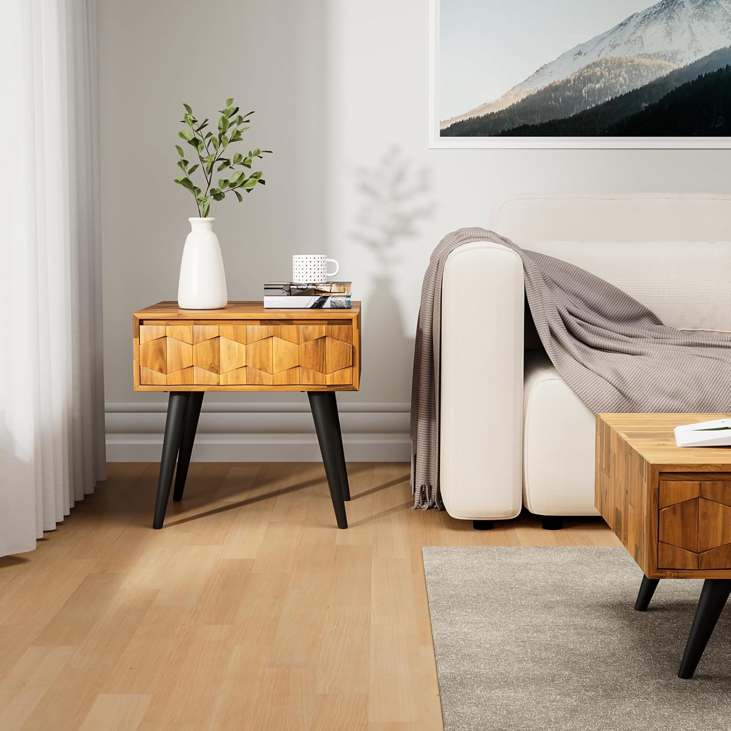 Bme Georgina Solid Wood Nightstands with Drawers - Fully Assembled Rustic Geometric Pattern Bedside