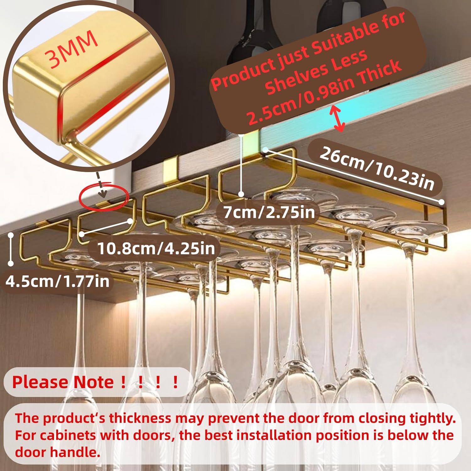 LINFIDITE Gold Under Cabinet Wine Glass Holder, 2 Pack, Space Saving, Easy Installation, Anti-Skid