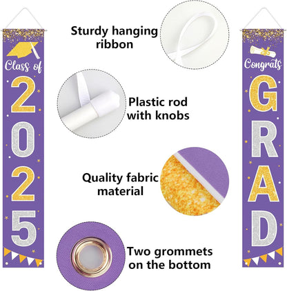 Graduation Decorations 2025 GRAD Banner Purple Porch Door Sign Welcome Banner For Indoor Outdoor