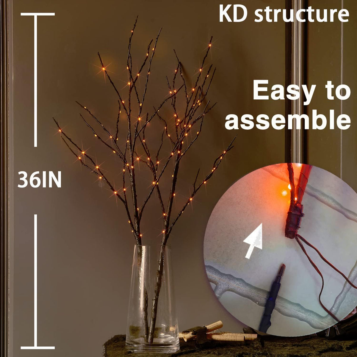 Fudios Halloween Lighted Branches with Timer 100 LED Orange Fairy Lights 32IN, Black Tree Branch