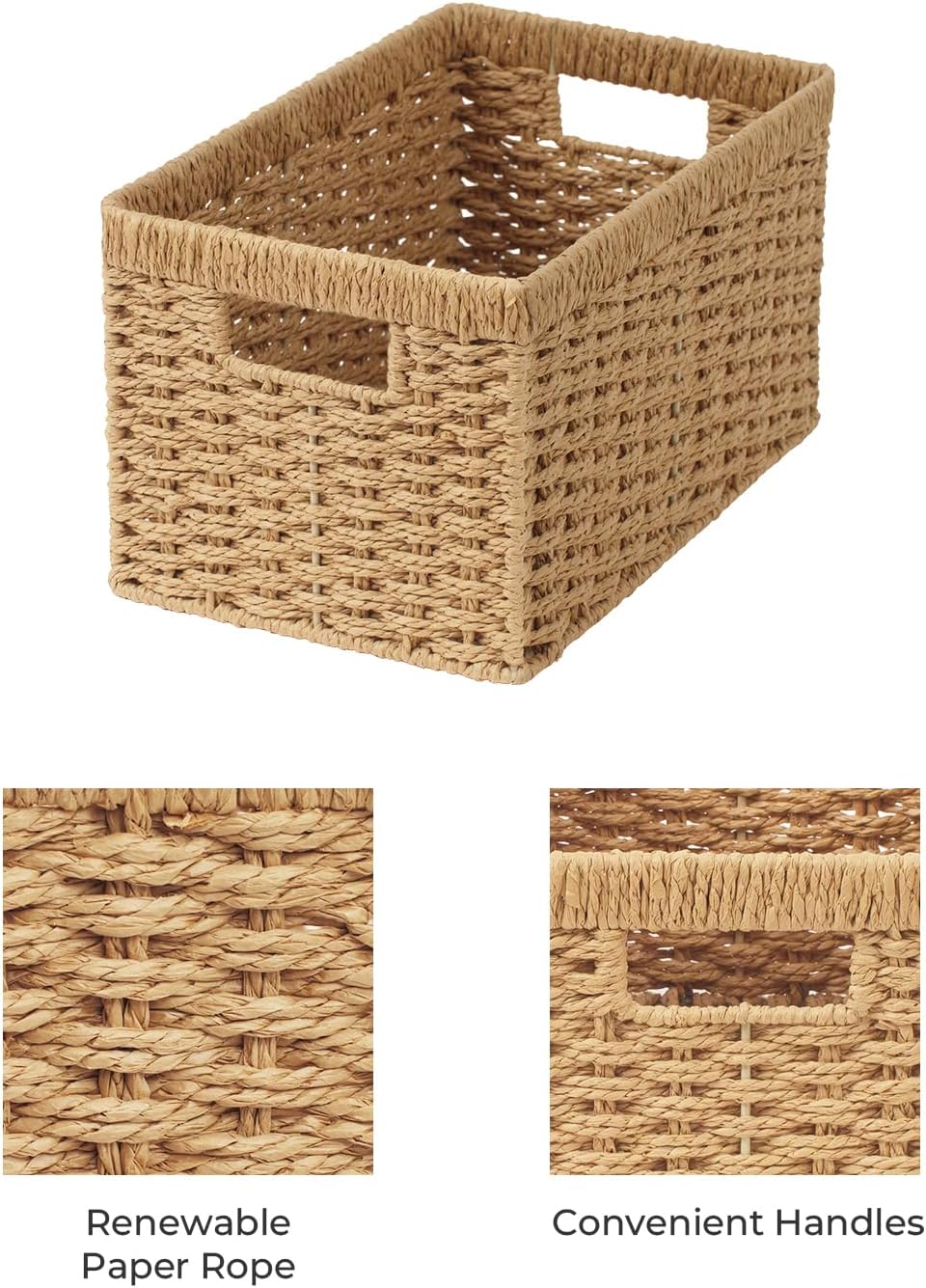 StorageWorks Round Paper Rope Storage Baskets, Rectangular Wicker Baskets with Built-in Handles