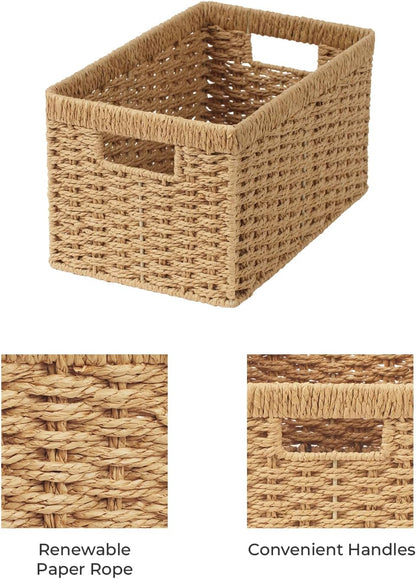 StorageWorks Round Paper Rope Storage Baskets, Rectangular Wicker Baskets with Built-in Handles