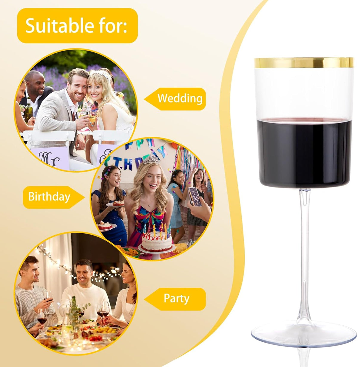Ciaell 12 Pack Plastic Wine Glasses - 14 Oz Plastic Wine Glasses with Stem - Square Gold Disposable