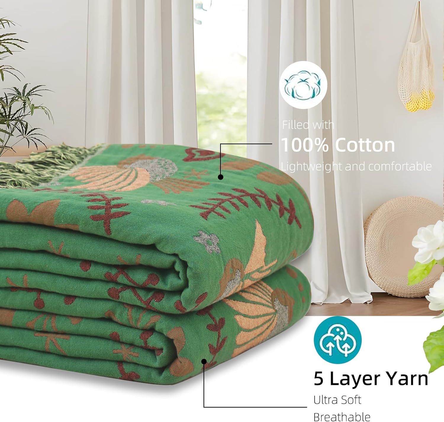 Boho Throw Blanket for Bed, 100% Pure Cotton Ultra Soft Rustic Quilt, Farmhouse Decor Bed Blankets