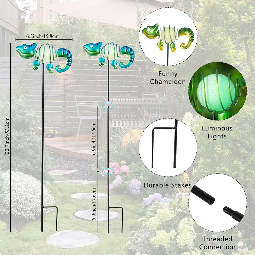 3 Pack Garden Stakes Decorative,Cute Chameleons Glow in The Dark Metal Garden Decor,Waterproof
