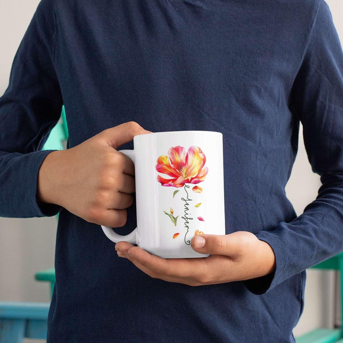 Personalized Flower Blossom Decorative Mug, Custom Name On Flower Coffee Cup, Novelty Floral Accent