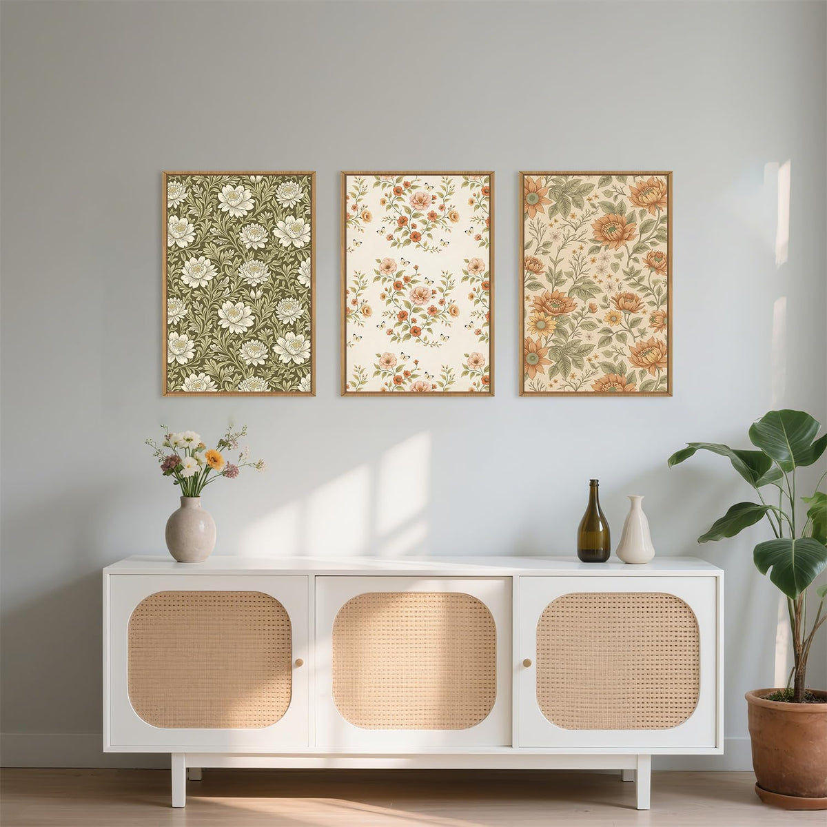 Celestdeco Vintage Pastoral Floral Framed Canvas Wall Art Set, Boho Colorful Flower Wall Decor