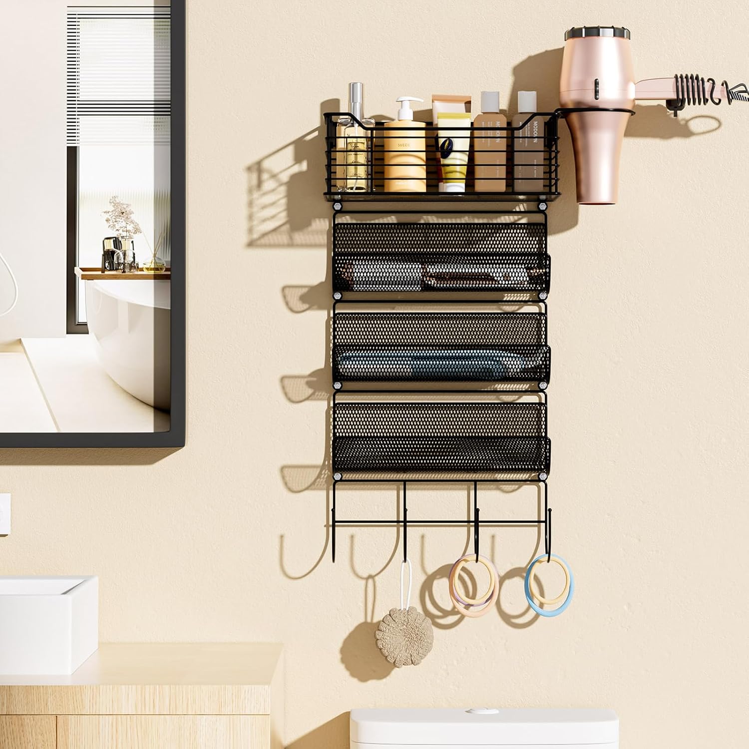 VITVITI Metal Hair Tool Organizer Wall Mount, Hair Dryer Holder with 4 Tier Shelf Basket Hooks