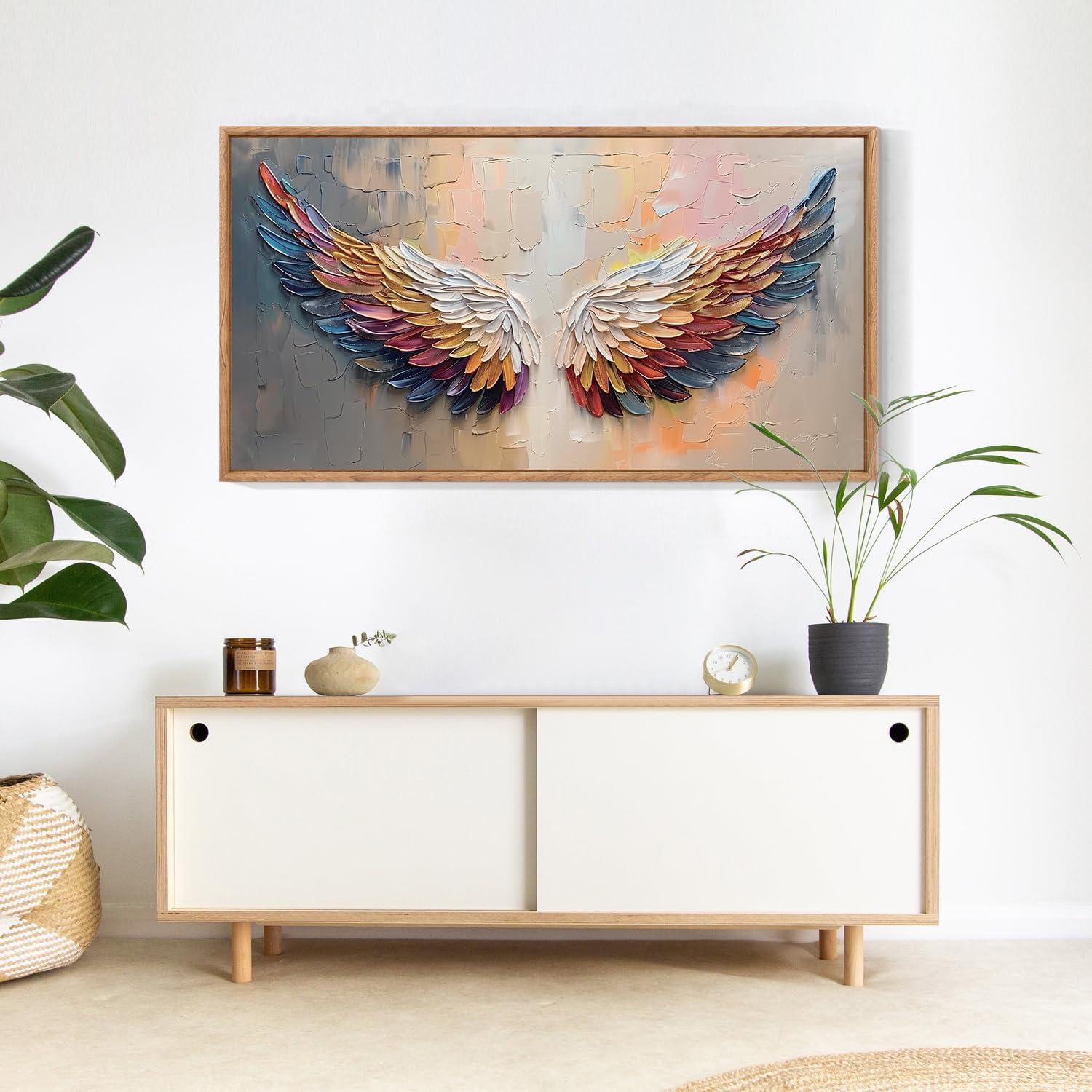 Aurlan Angel Wings Hand Painted Framed Wall Decor(40"x20"), Large Abstract Colorful Feather 3D