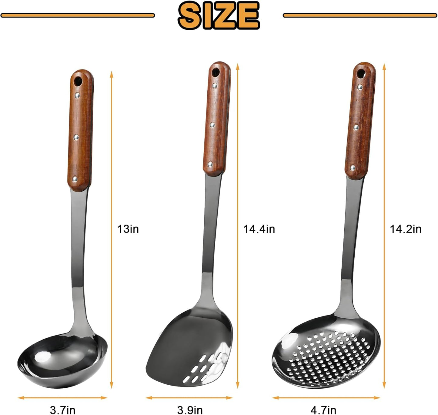 FJNATINH Stainless Steel Wok Spatula,Ladle,Skimmer Ladle Tool Set,Mirror Polished Cooking Utensils