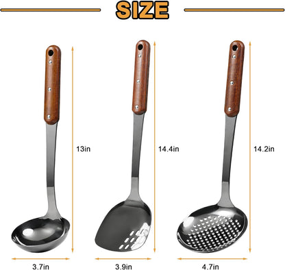 FJNATINH Stainless Steel Wok Spatula,Ladle,Skimmer Ladle Tool Set,Mirror Polished Cooking Utensils