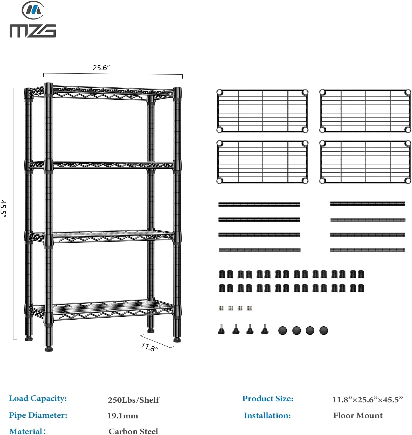 1000 lbs 4 Tier Shelf Metal Storage Shelves Wire Rack Closet Organizers for Garage Kitchen Bathroom