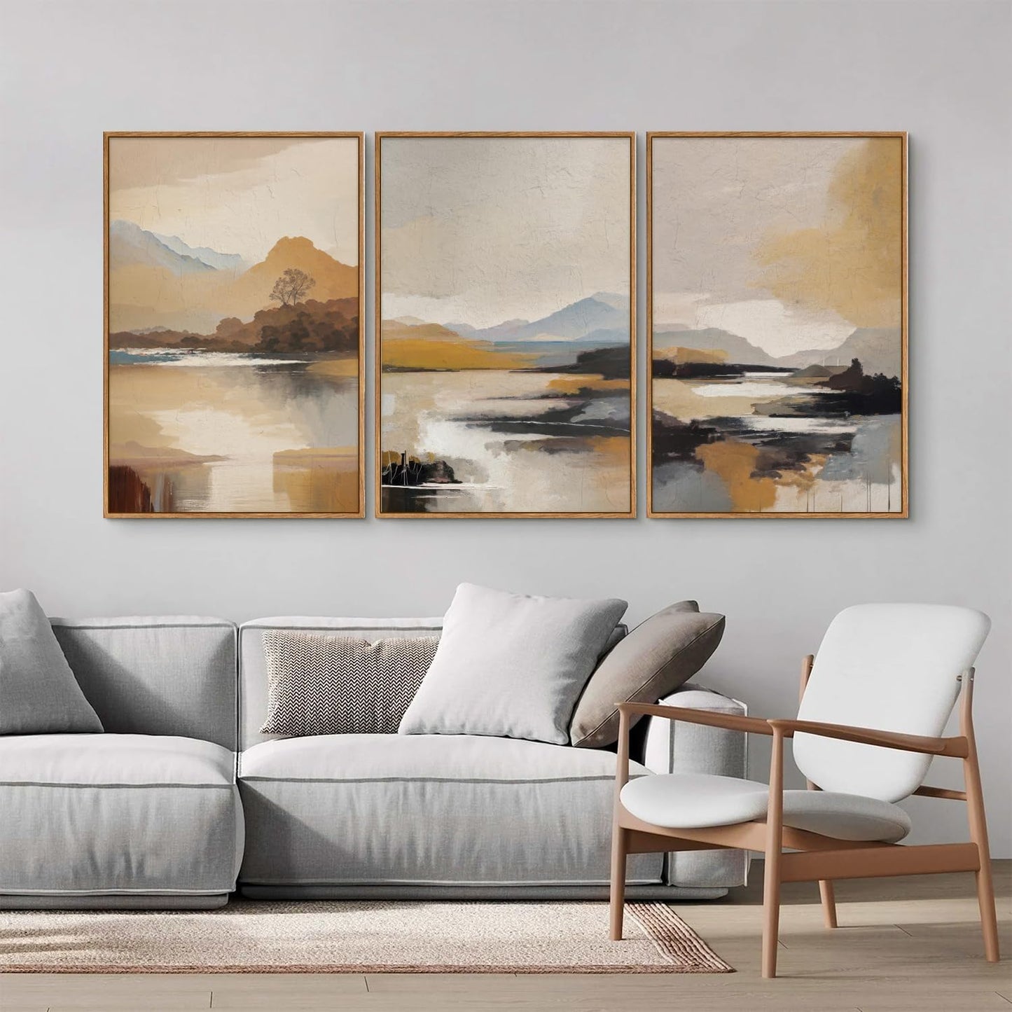 Tinonedraw Beige Mountain Landscape Framed Canvas Wall Art, Abstract Mid Century Modern Wall Decor