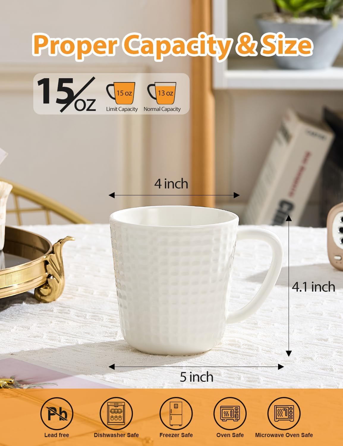 Ceramic Coffee Mugs 15 oz, Large Waffle Embossed Mug Set, Coffee Cups for Latte, Cappuccino, Cocoa