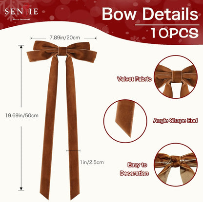 Senjie 10Pcs Large Velvet Christmas Tree Bows, 20in x 8in Premade Vintage Ribbon Tree Topper Bows