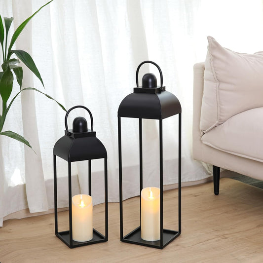 25'' 19'' Lanterns Decorative Outdoor Indoor, Black Metal Outdoor Candle Lanterns, Set of 2 Modern