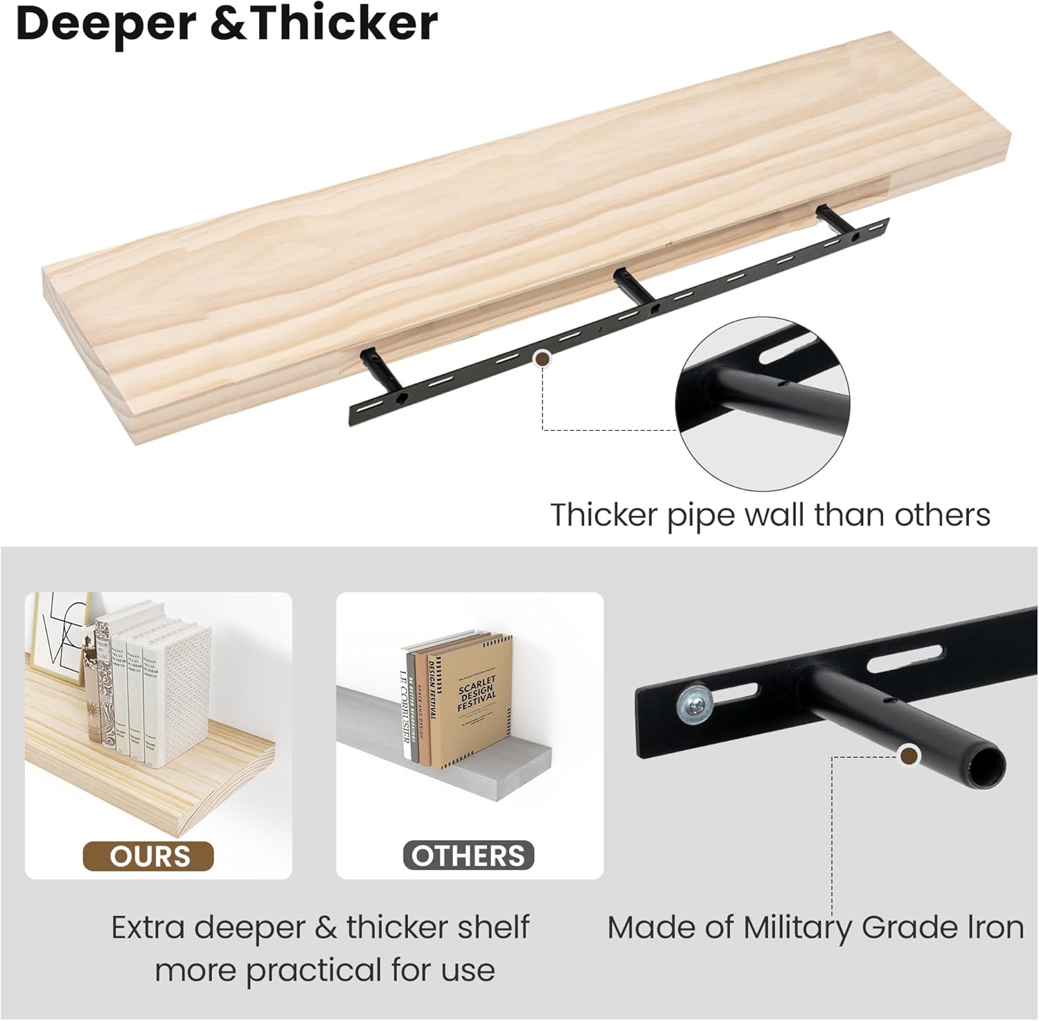 Light Wood Floating Shelves 48 Inch, 8 in Deep Single Book Shelf Floating for Wall Mounted, Heavy