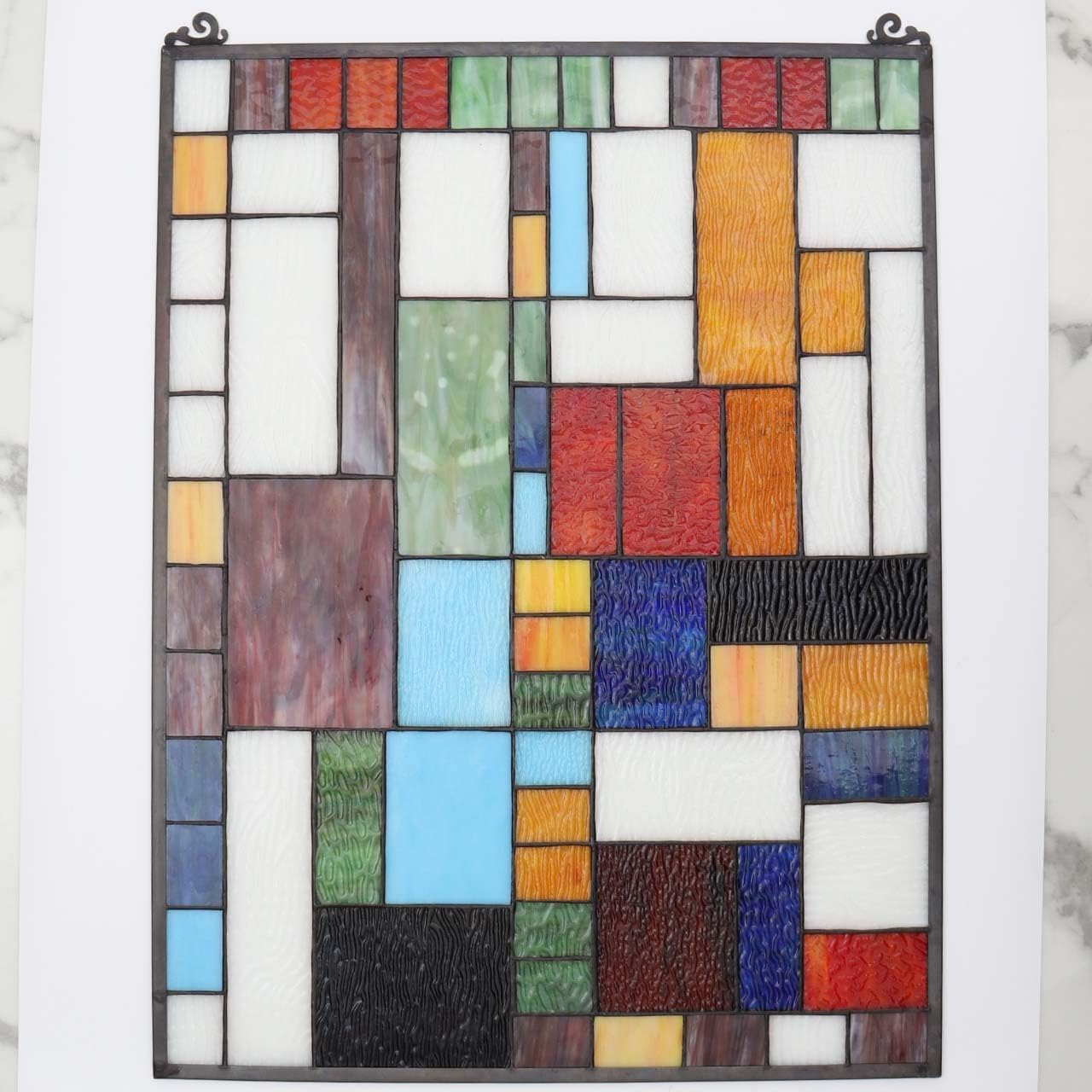 Bieye Geometric Color Block Tiffany Style Stained Glass Window Panel with Hanging Chain (18x25