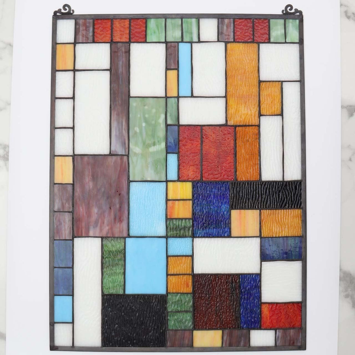 Bieye Geometric Color Block Tiffany Style Stained Glass Window Panel with Hanging Chain (18x25