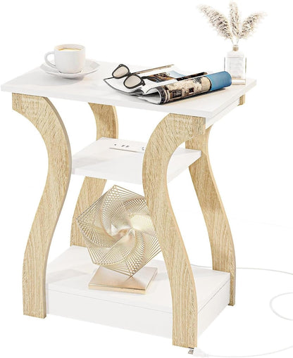 End Table with Charging Station, Side Table with USB Ports and Outlets, Nightstand, 3 Tier End