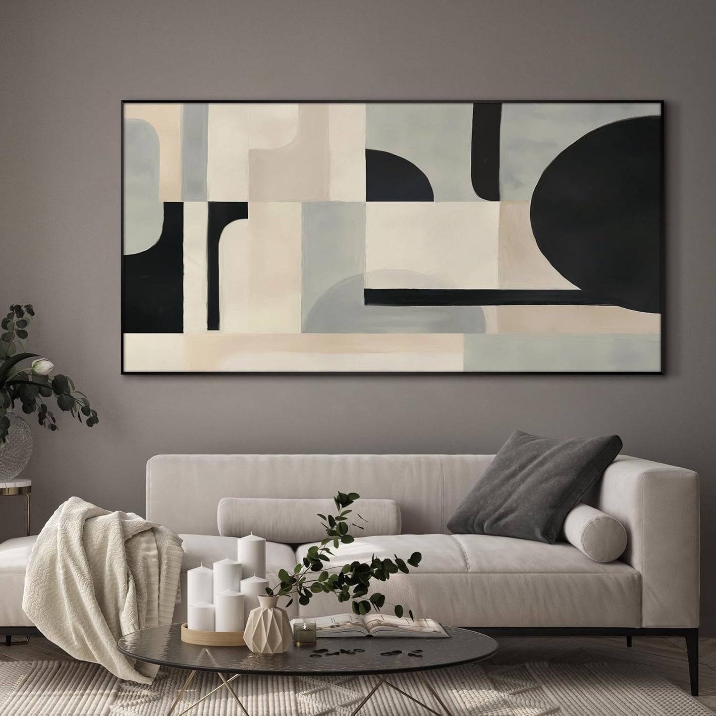 SIGNWIN 36"x72" Extra Large Framed Wall Art Modern Neutral Abstract Geometric in Black and Beige