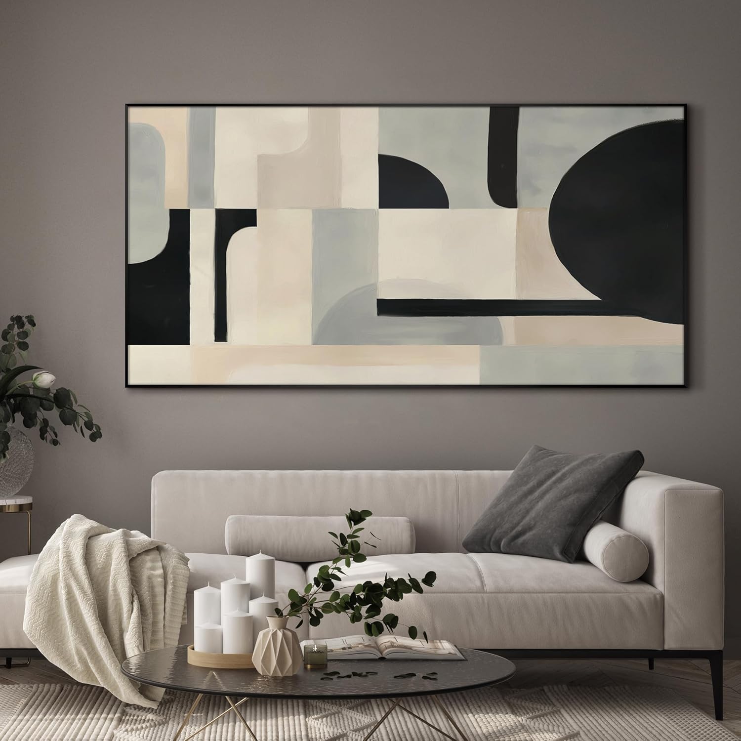 SIGNWIN 36"x72" Extra Large Framed Wall Art Modern Neutral Abstract Geometric in Black and Beige