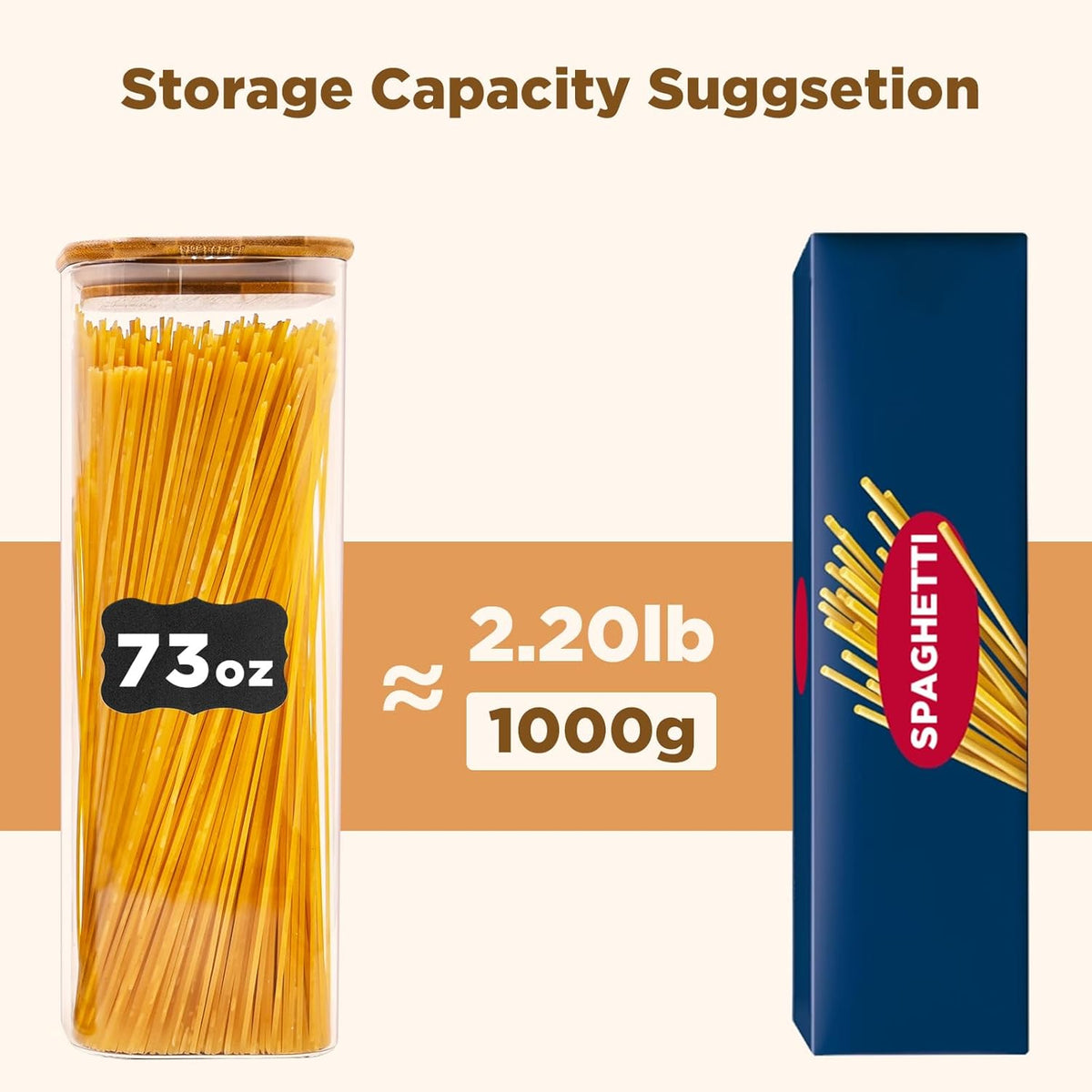 Glass Pasta Storage Jars Square 73oz, 3 Pack Glass Jars With Bamboo Lids, Tall Kitchen Storage