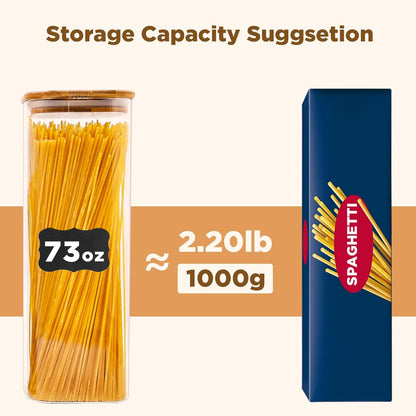 Glass Pasta Storage Jars Square 73oz, 3 Pack Glass Jars With Bamboo Lids, Tall Kitchen Storage