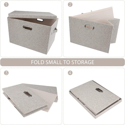 Large 17" 36 Quart Collapsible Stackable Storage Bins with Lids, 3 Packs Beige Linen Fabric Closet