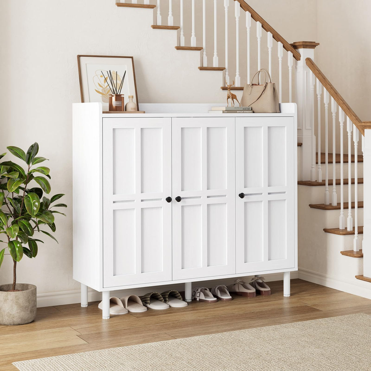 ComfyCorner Shoe Cabinet with 3 Doors, Shoe Rack for Entryway, White