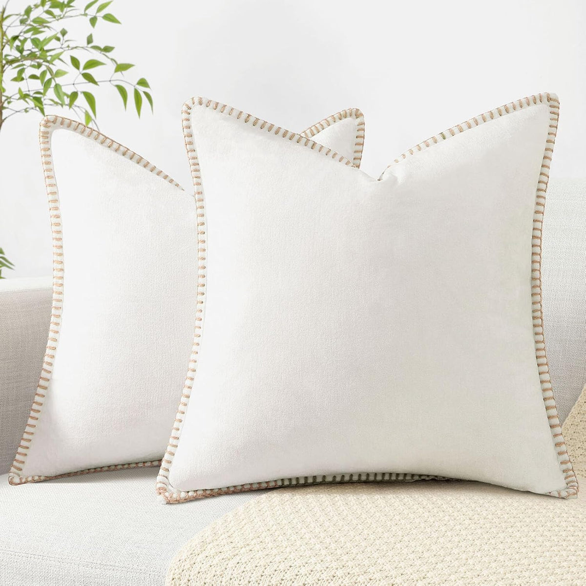 decorUhome Chenille Soft Throw Pillow Covers 20x20 Set of 2, Farmhouse Velvet Neutral Decorative