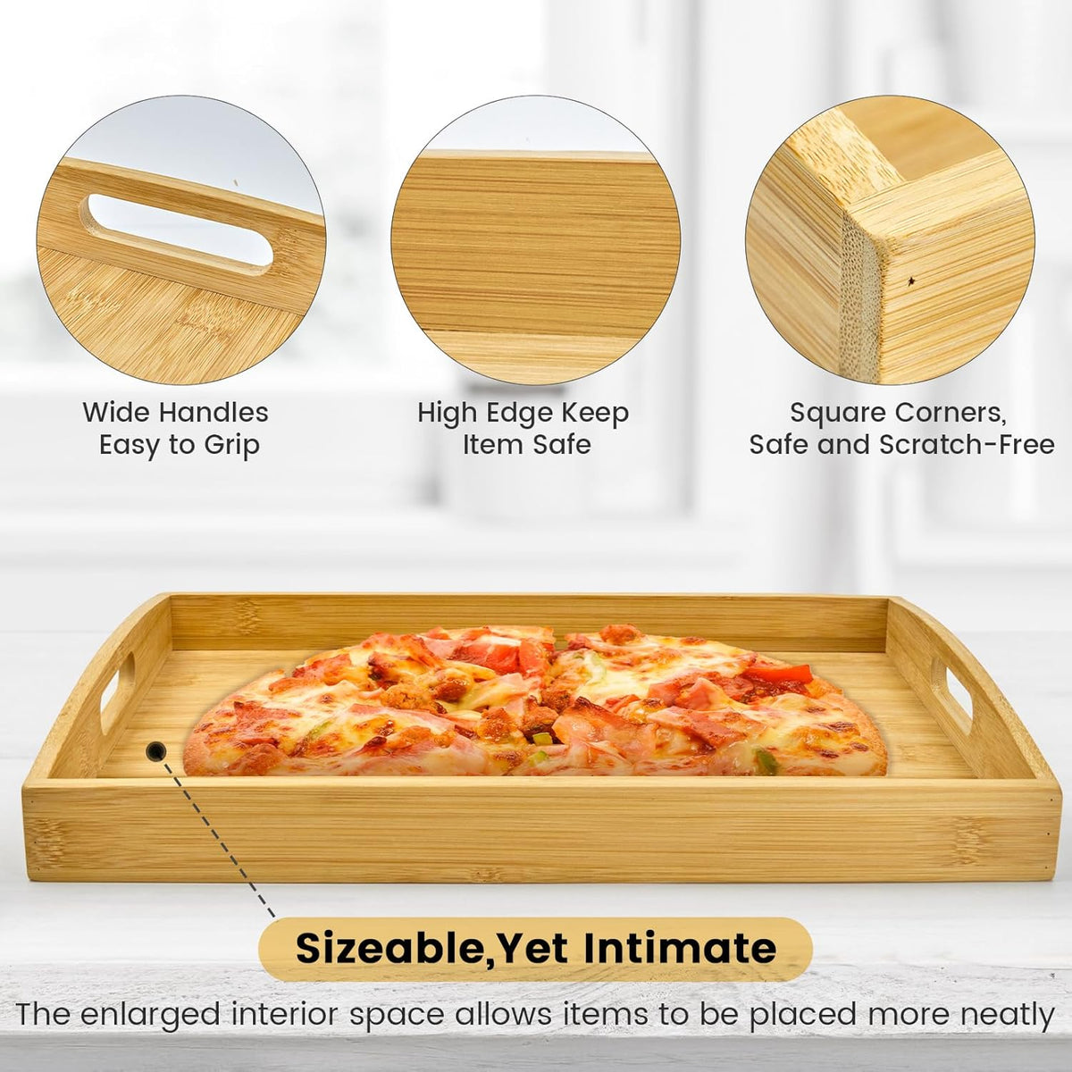 Bamboo Serving Tray with Handles Set of 2 - Decorative Wooden Trays for Eating, Working, and