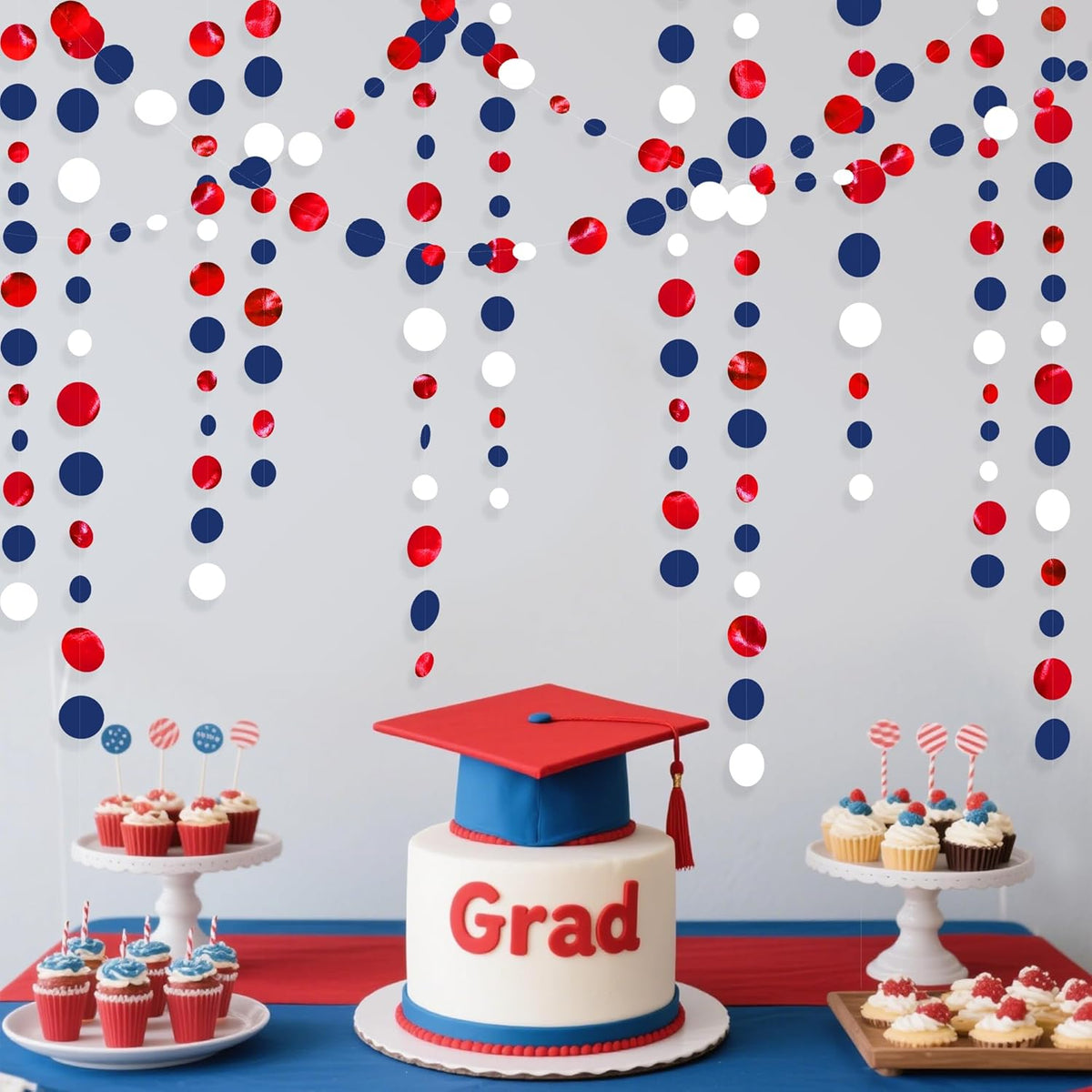 46 Ft Navy Blue Red White Circle Dots Garlands Royal Blue Red Hanging Paper Polka Dots Streamer for