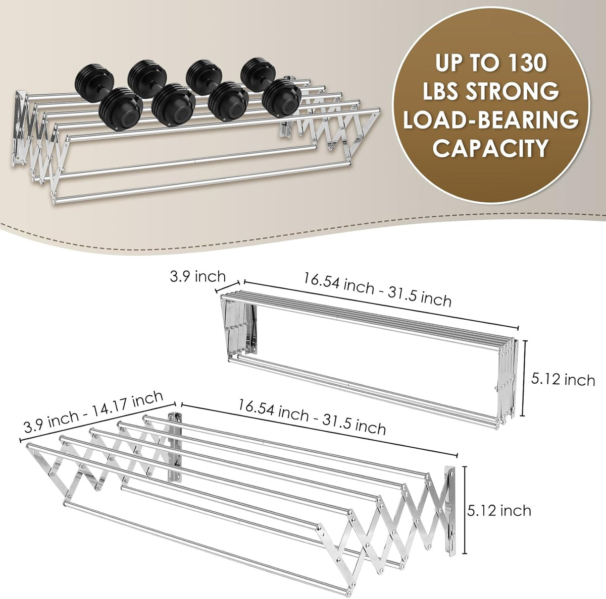 XL-31.5" Wall Mounted Clothes Drying Rack, 130 LBS Large Capacity Rustproof Retractable Clothes