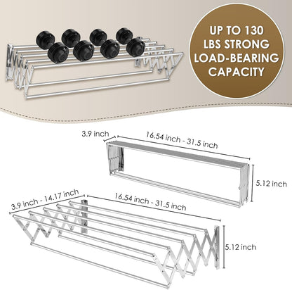 XL-31.5" Wall Mounted Clothes Drying Rack, 130 LBS Large Capacity Rustproof Retractable Clothes