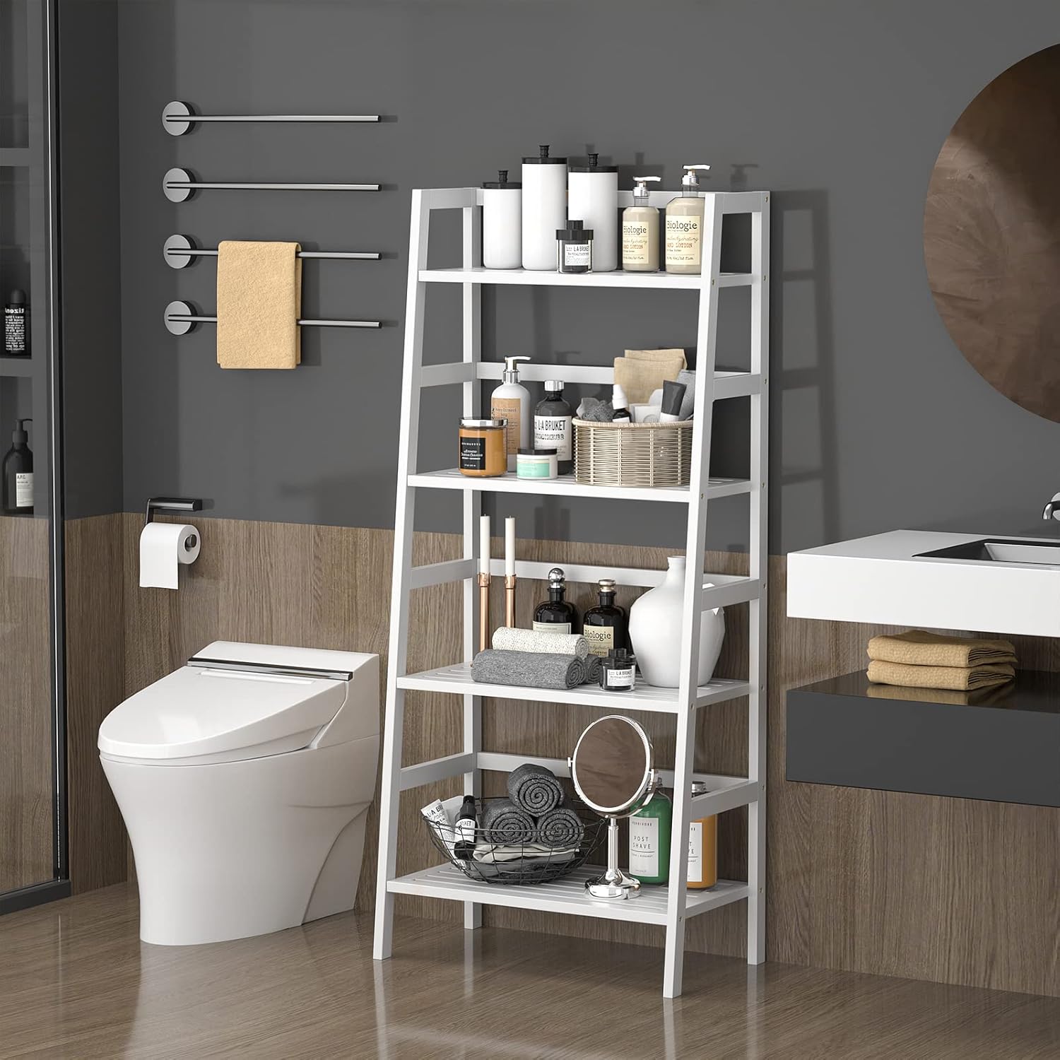 Homykic Bamboo White Bookshelf 4-Tier Ladder Shelf, 49.2” Freestanding Open Bookcase Book Shelf