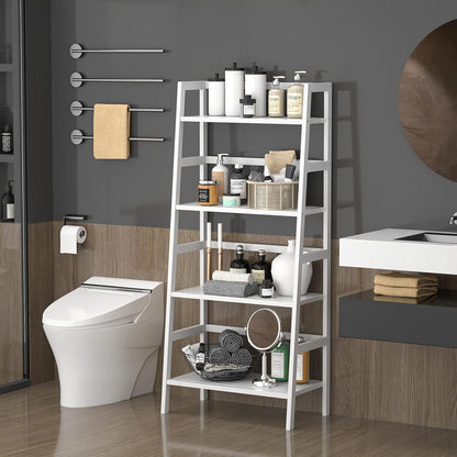Homykic Bamboo White Bookshelf 4-Tier Ladder Shelf, 49.2” Freestanding Open Bookcase Book Shelf
