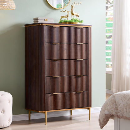 T4TREAM Fluted 5 Drawers Dresser for Bedroom, 48" Tall Modern Dresser Chest of Drawers, Gold