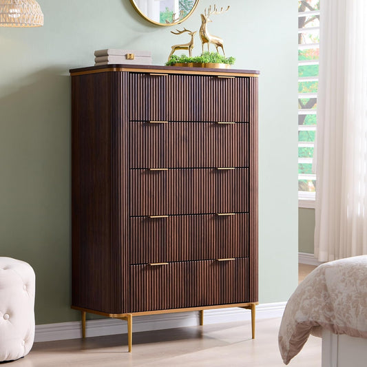 T4TREAM Fluted 5 Drawers Dresser for Bedroom, 48" Tall Modern Dresser Chest of Drawers, Gold