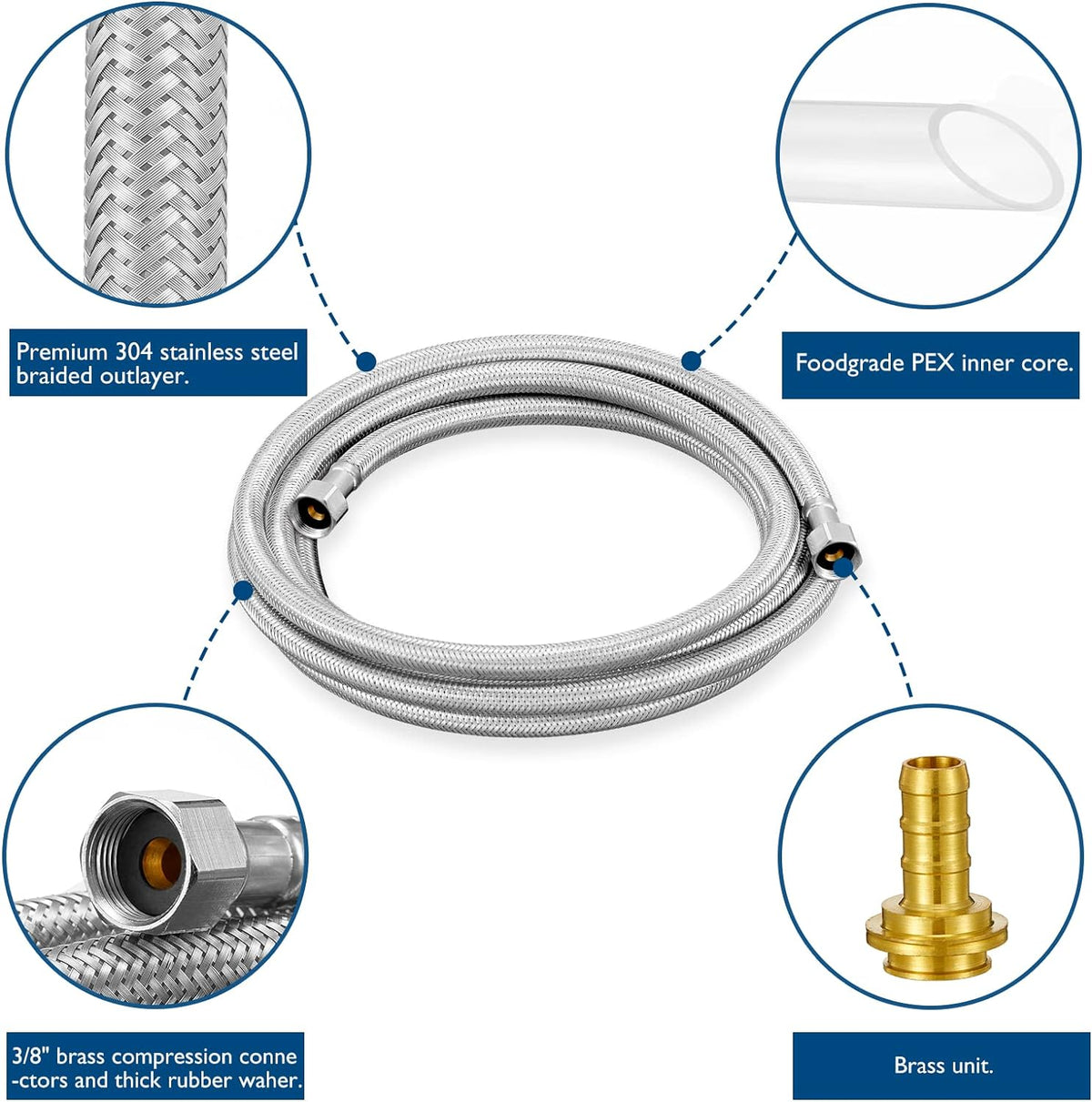Dishwasher Installation Kit - 10 FT Stainless Steel Braided Dishwasher Hose kit,Food Grade PEX