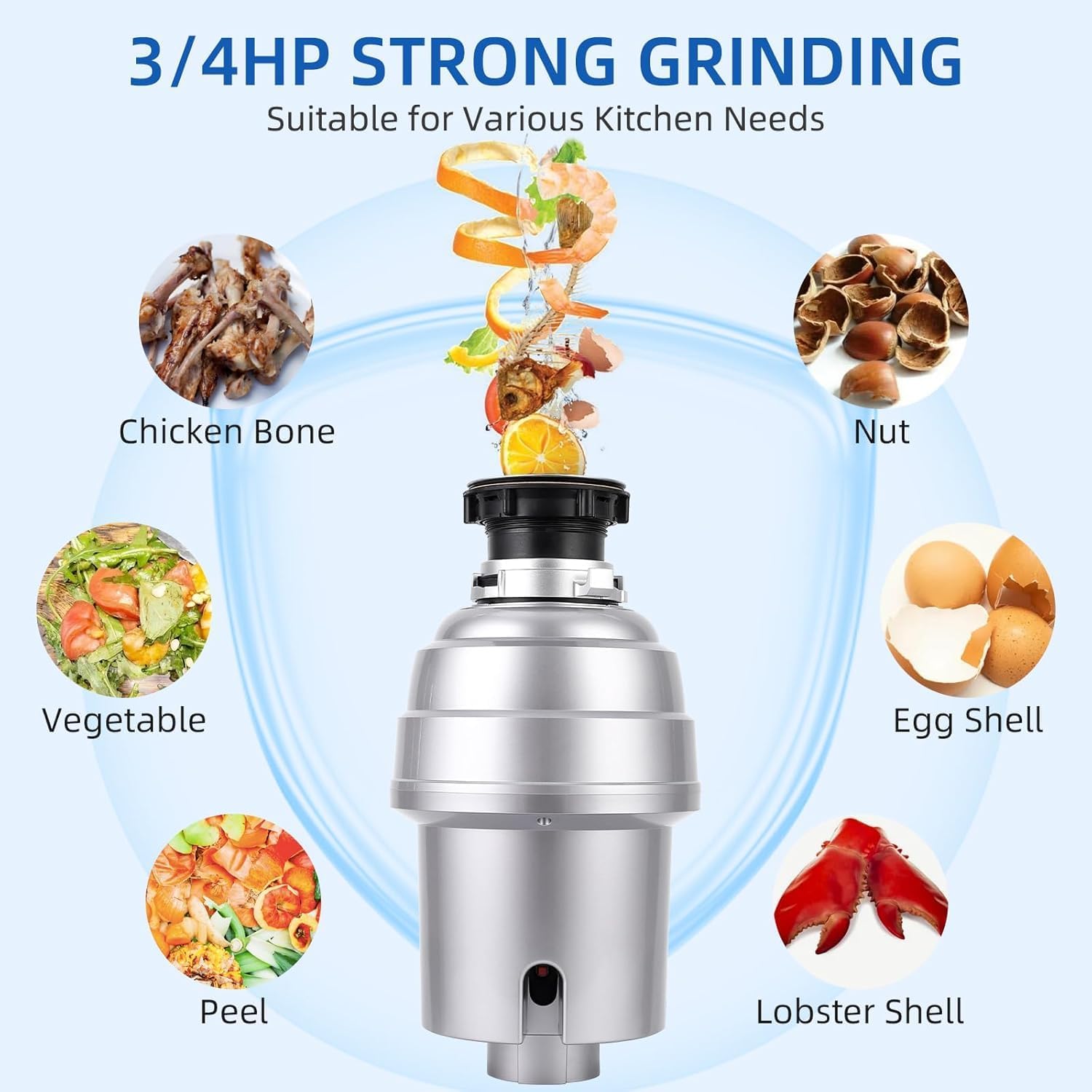 Powerful 3/4HP Stainless Steel Garbage Disposer, Dishwasher-Friendly and Continuous Feeding Waste